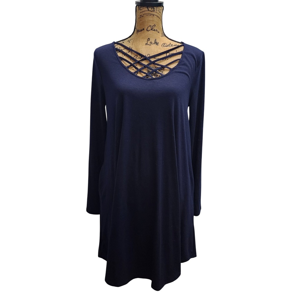 Zenana Premium Navy Blue Tunic Dress Long Sleeve Criss Cross Neck L